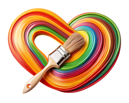 Paintbrush creating a heart shape with colorful paint swirls on a black background love isolated on a transparent background