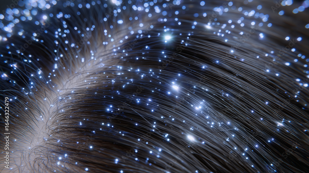 Poster close-up of scalp showing tiny punctures from microneedling combined with glowing digital effects re