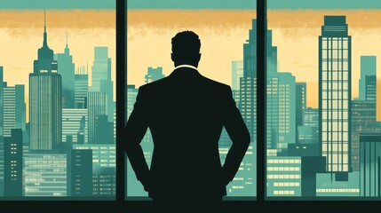 Obraz na płótnie Canvas Businessman views cityscape from window