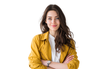 Portrait of 30 years old smiling woman looking at camera with crossed arms. Happy girl standing in creative office. Successful businesswoman standing in white background PNG