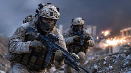 Obraz premium Fierce battle scene showing Ukrainian defenders in combat gear amidst ruins, explosions lighting the background under a stormy sky, embodying courage against overwhelming odds,