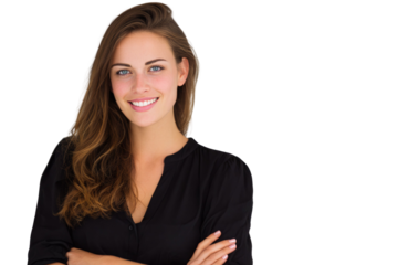 Portrait of 30 years old smiling woman looking at camera with crossed arms. Happy girl standing in creative office. Successful businesswoman standing in white background PNG	