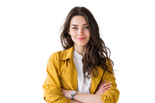 Portrait of 30 years old smiling woman looking at camera with crossed arms. Happy girl standing in creative office. Successful businesswoman standing in white background PNG	