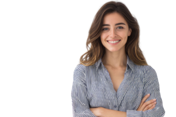 Portrait of 30 years old smiling woman looking at camera with crossed arms. Happy girl standing in creative office. Successful businesswoman standing in white background PNG	
