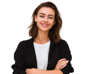 Portrait of 30 years old smiling woman looking at camera with crossed arms. Happy girl standing in creative office. Successful businesswoman standing in white background PNG	
