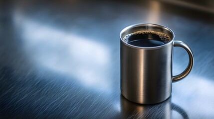 Stainless steel mug filled with coffee on a dark surface.