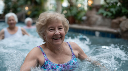 Smiling group of active elderly women splashing water joyfully as they follow the instructorâs energetic moves in an indoor pool surrounded by lush plants,