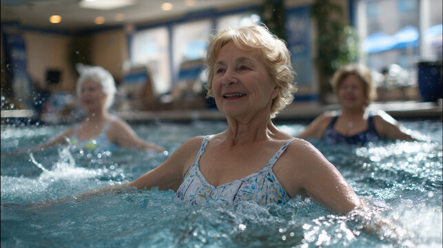 Warm sunlight filtering through skylights illuminates a group of older women gracefully exercising in shallow pool water, exuding vitality and friendship,