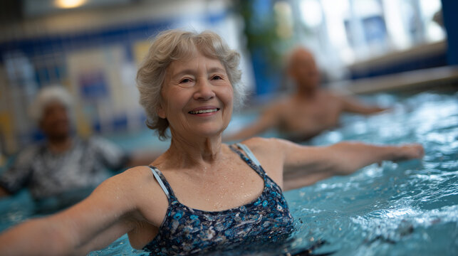 Senior women stretching and balancing in waist-deep water during a guided aerobics session, vibrant blue tiles and clean poolside creating a serene, comfortable setting,