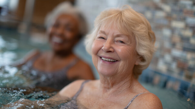 Senior women supporting each other in aquatic exercises, faces full of laughter and encouragement, set against a calm, warm indoor pool backdrop with tiled walls,