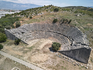 Aerial view of the great theatre at Miletus in Aydin province, wide cavea climbs the hillside,...