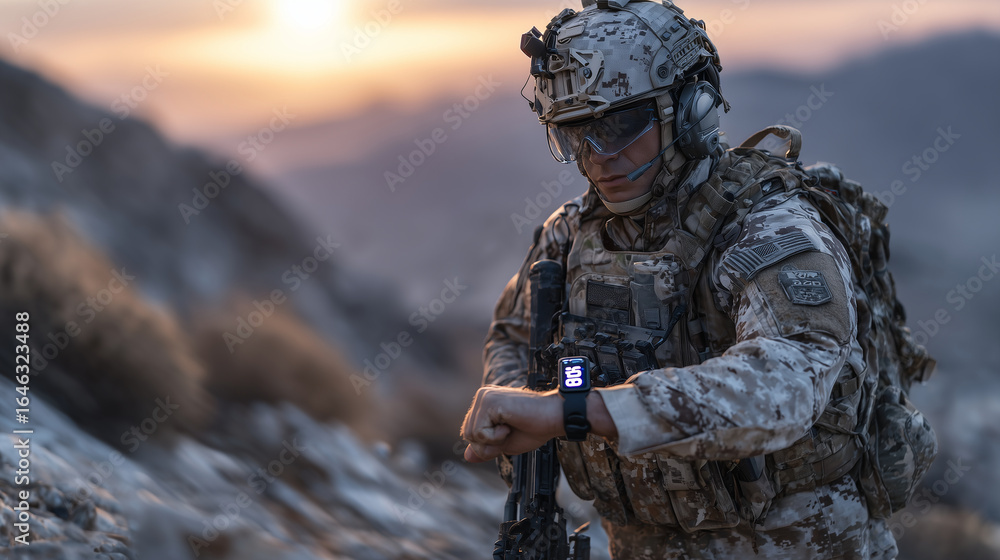 Poster dynamic scene of soldier using ar wrist device synced with helmet display, illuminated desert dusk c