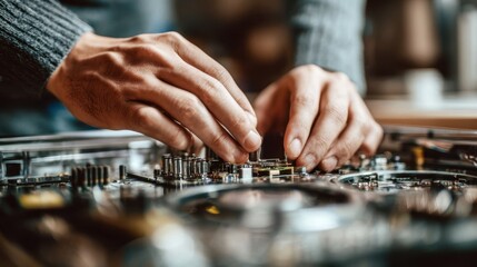 Close up of a technician's hands installing or replacing components on a computer motherboard, highlighting the intricate details of electronic assembly and repair