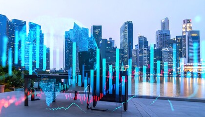Financial data overlaid on a cityscape at dusk