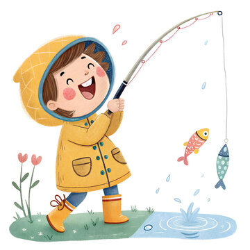 Title:
Cute Cartoon Watercolor Fishing Kid &ndash; Adorable Character Illustration on Solid White Background