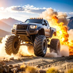 Monster truck bursts through desert