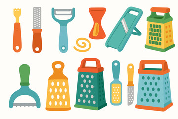 Kitchen tools flat icon set. graters, peelers, and more for culinary essentials