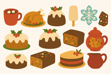 Christmas, holiday flat icon set. festive, winter treats and decorations flat icons