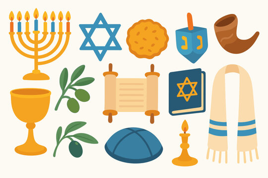 Jewish holiday flat icon set. hanukkah, passover, yom kippur symbols in flat style