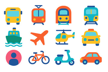 Transportation flat icon set. cars, planes, bikes, buses in a colorful flat style.