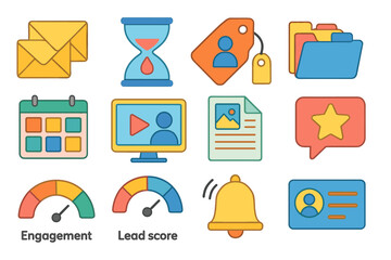 Business, communication flat icon set. email, alert, calendar, folder icons collection