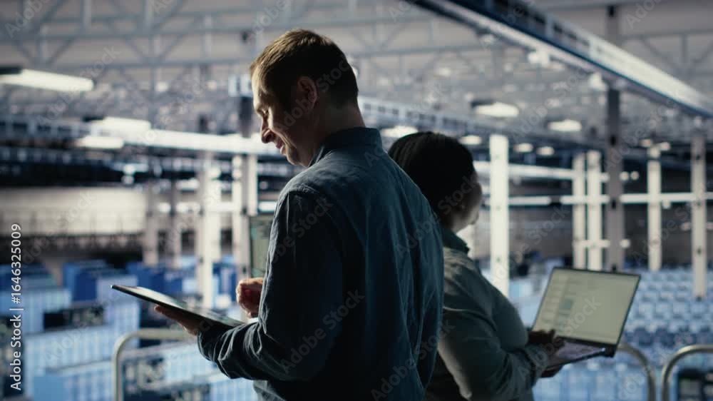 Poster jolly it professional monitors server room activity using tablet in facility. happy data center tech