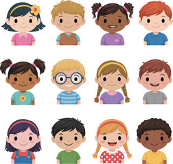 Cartoon children with diverse hairstyles and outfits, smiling characters in rows, playful educational illustration for diversity and classroom themes