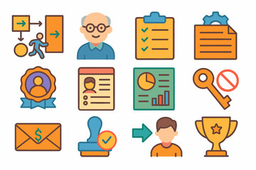 Business management flat icon set. strategy, leadership, key metrics flat collection