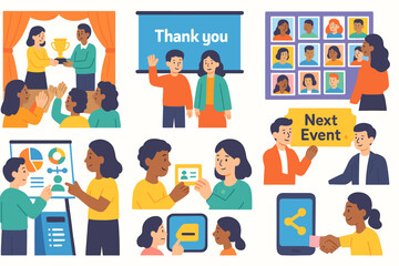 Business meeting flat icon set. strategy, collaboration, networking, teamwork icons