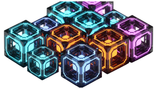 Dynamic geometric cubes glow with vibrant neon energy, showcasing a futuristic abstract concept for technology and innovation.