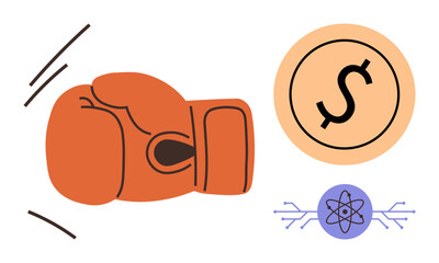 Boxing glove in action symbolizing competition, with a finance-related dollar sign and an atom representing innovation and science. Ideal for business, conflict, strategy, finance, innovation