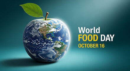 Celebrate World Food Day with a healthy globe featuring an apple and leaf, promoting global nutrition and awareness
