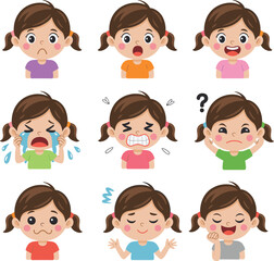 Cartoon girl character set with various emotions, colorful shirts, pigtail hairstyle, expressive gestures, emoji-style reactions, isolated vector illustration
