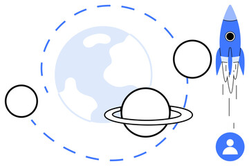Rocket launching past Earth with orbiting planets and user profile icon. Ideal for innovation, technology, cosmos, global reach, teamwork, social connections, future vision. Simple flat metaphor