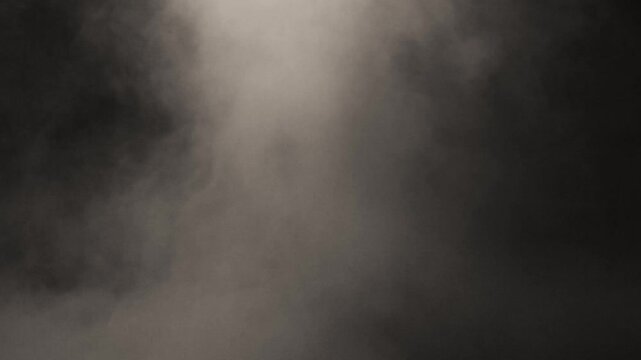 smoke. Scary, dark, smoke-filled horror background with a textured wall. Room is engulfed in darkness, with only faint, flickering light sources casting eerie shadows.