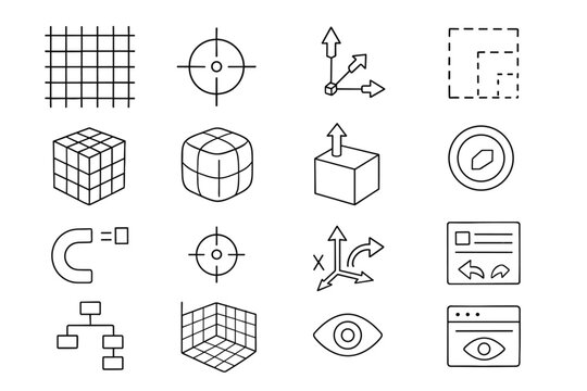 3d modeling line icon set. geometry, shapes, engineering icons outlined collection