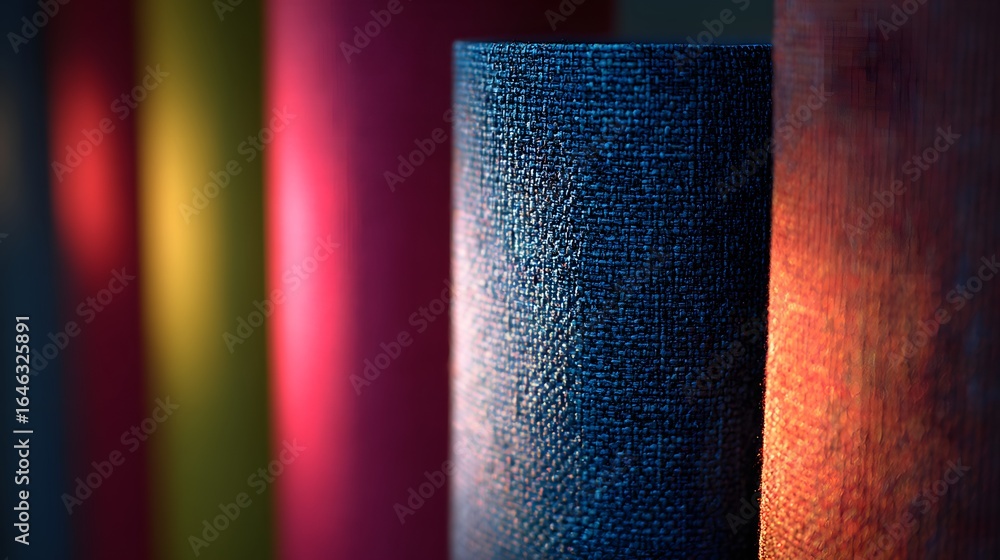 Poster cylindrical objects with textured surfaces in various hues.