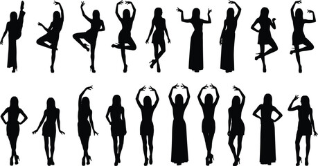 Female silhouette poses, elegant dance stances, graceful movement, black figure art, ballet inspiration, body posture, artistic gesture, white background