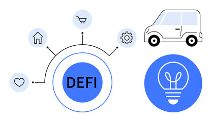 Decentralized finance concept with central hub connecting home, shopping cart, gear, heart, and idea icons. Modern car and lightbulb emphasize technology, mobility, and innovation. Ideal for fintech