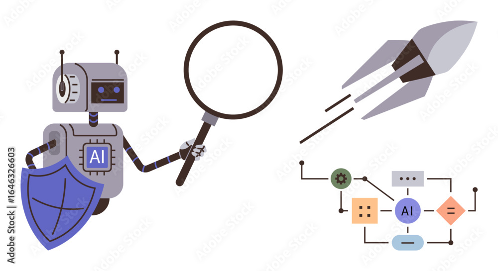 Poster robot with shield and magnifying glass examining data. rocket launch, circuit board, ai flowchart. i