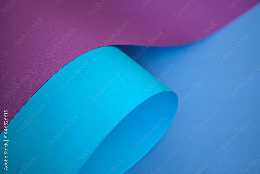 Poster abstract minimalist composition of curled blue and purple paper sheets. close-up image featuring cur
