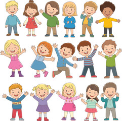 Group of cartoon children, diverse outfits, colorful clothing, standing in rows, happy kids, playful poses, vector illustration, education, diversity