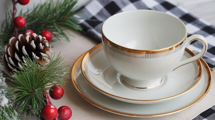 Elegant white teacup and saucer with festive christmas decorations