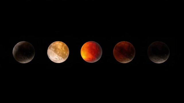 A sequence of five images captures the progression of a lunar eclipse, showcasing the moon transitioning through various stages of shadow and color