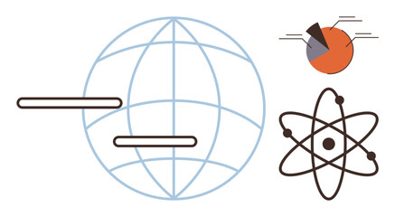 Globe with horizontal bars, atom diagram, and pie chart representing global communication, science, and data analysis. Ideal for technology, science, data visualization, education research