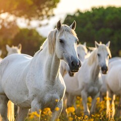 White horses in a field at sunset