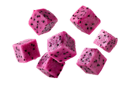  Pink dragon fruit cubes, in a pink color with black dots, floating in the air on a white background. 