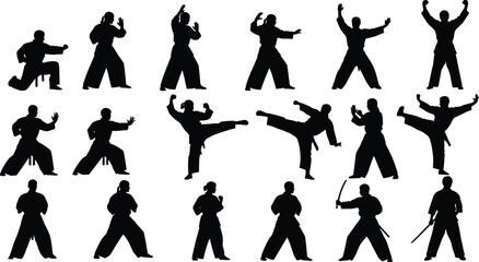 Martial arts silhouette set, dynamic kicking stances, sword poses, combat techniques, self-defense action, fighter collection, vector illustration
