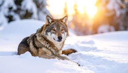 Fototapeta premium Wolf resting in snowy landscape