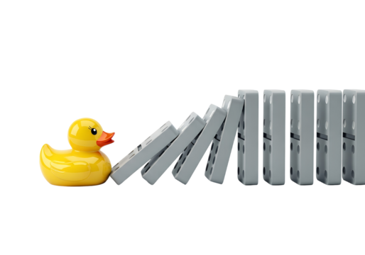 Yellow Rubber Duck Halts Falling Dominoes Chain Reaction on Transparent Background